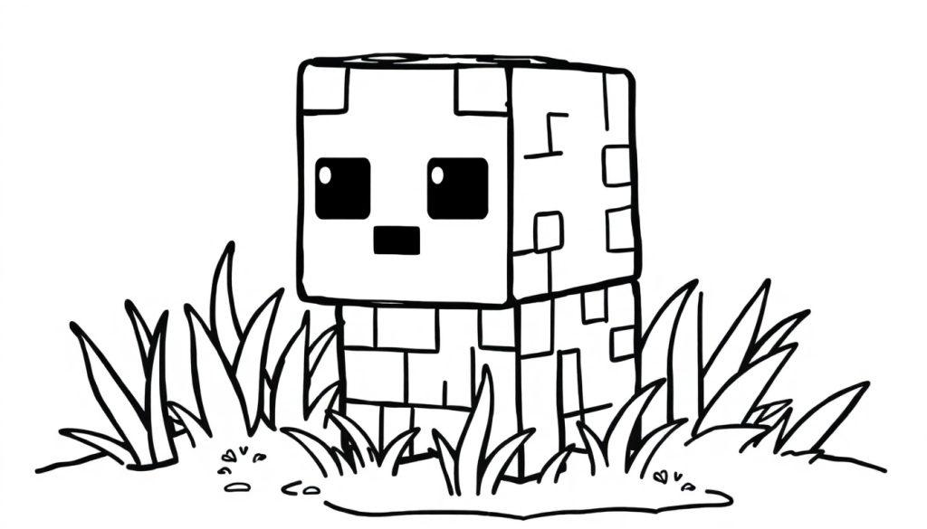 Schwarz-weiße Farbtafel-Zeichnung eines Minecraft-Ghasts im Gras.