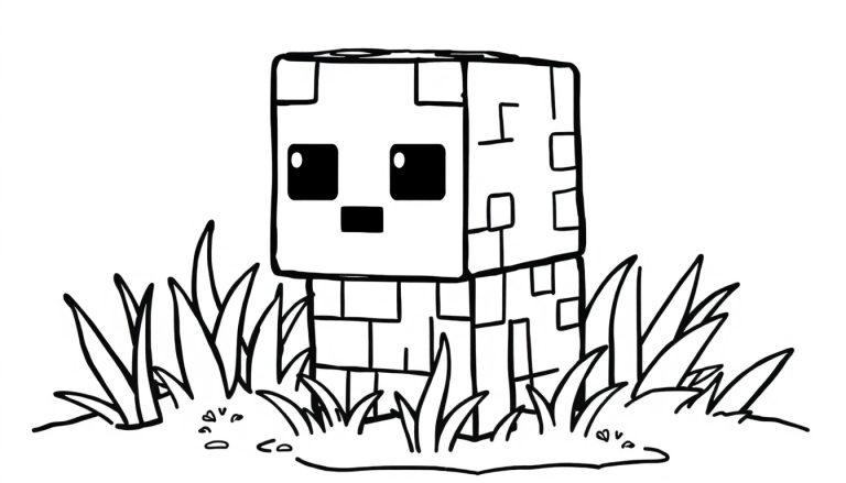 Schwarz-weiße Farbtafel-Zeichnung eines Minecraft-Ghasts im Gras.
