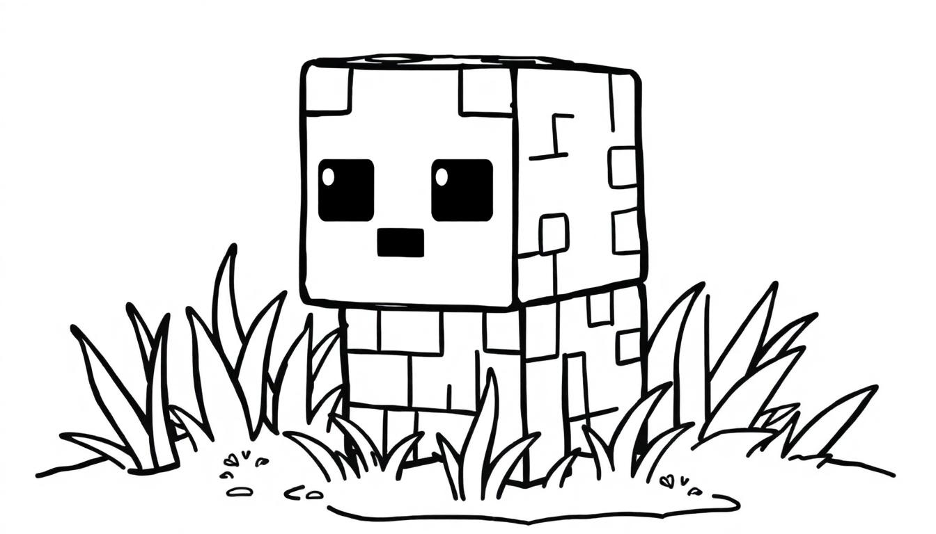 Schwarz-weiße Farbtafel-Zeichnung eines Minecraft-Ghasts im Gras.