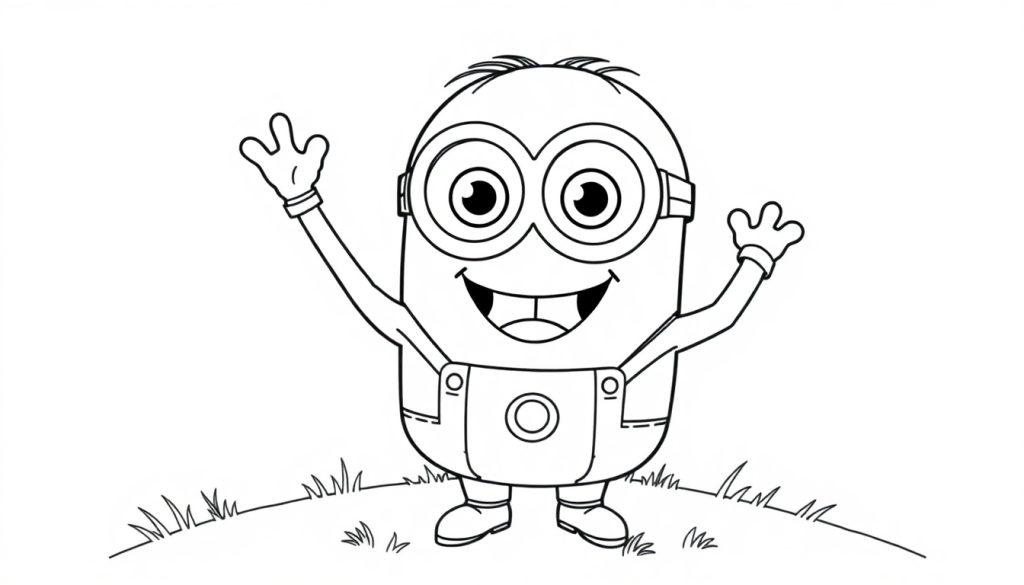 Schwarz-Weiß-Farbtafel-Zeichnung eines fröhlichen Minions, der winkt.