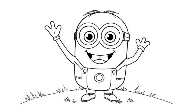 Schwarz-Weiß-Farbtafel-Zeichnung eines fröhlichen Minions, der winkt.
