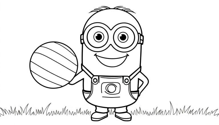 Schwarz-weiße Farbtafel eines fröhlichen Minions mit einem gestreiften Ball.