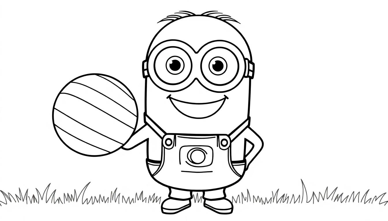 Schwarz-weiße Farbtafel eines fröhlichen Minions mit einem gestreiften Ball.