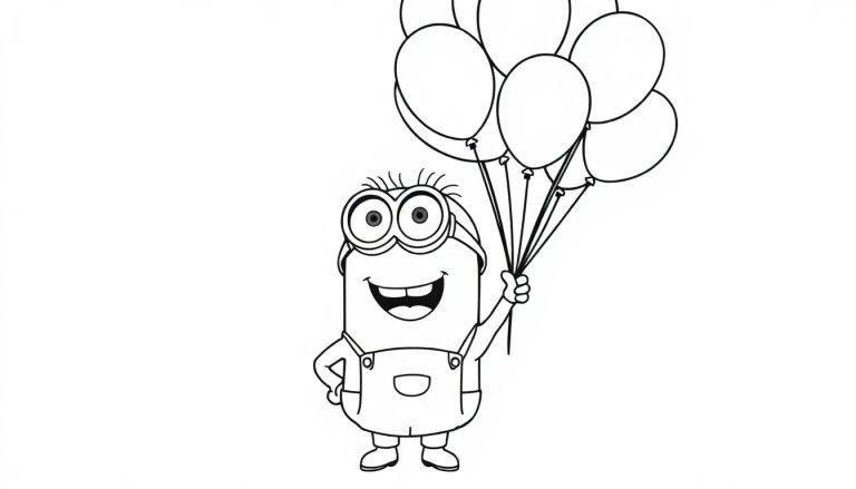Eine einfache Schwarz-Weiß-Farbtafel eines fröhlichen Minions, der Ballons hält.