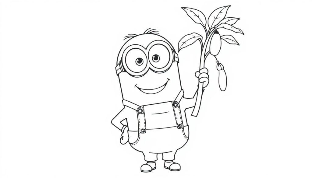 Schwarz-weiß Farbtafel: Ein Minion mit Brille hält einen Zweig mit Blättern und einer Frucht.