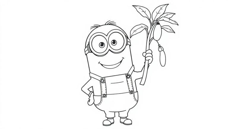 Schwarz-weiß Farbtafel: Ein Minion mit Brille hält einen Zweig mit Blättern und einer Frucht.