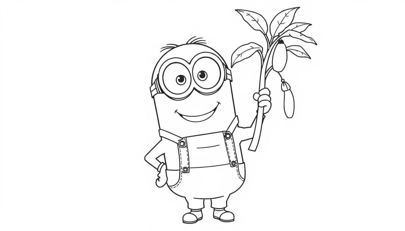 Schwarz-weiß Farbtafel: Ein Minion mit Brille hält einen Zweig mit Blättern und einer Frucht.