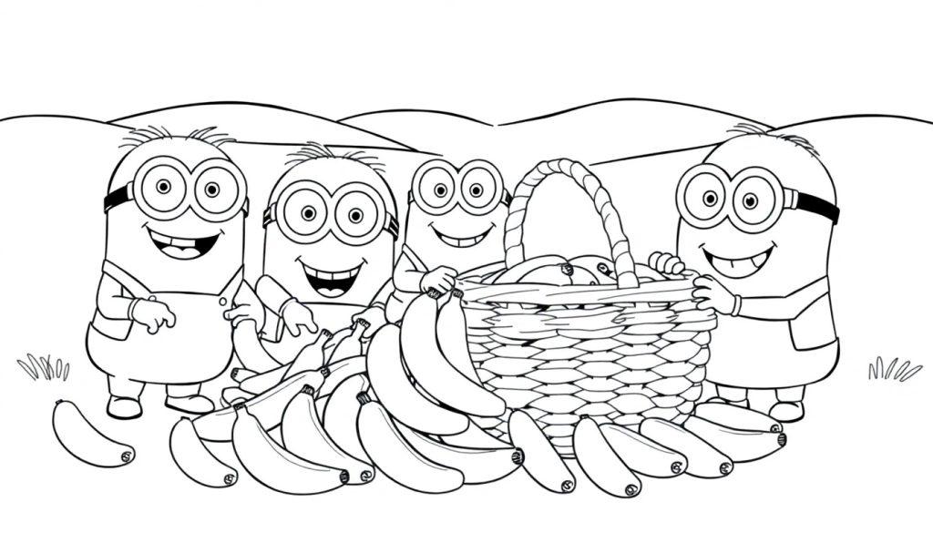 Eine Schwarz-Weiß-Farbtafel mit vier fröhlichen Minions, die beim Picknick Bananen und Früchte genießen. Ein lustiger Ausmalspaß für Kinder!