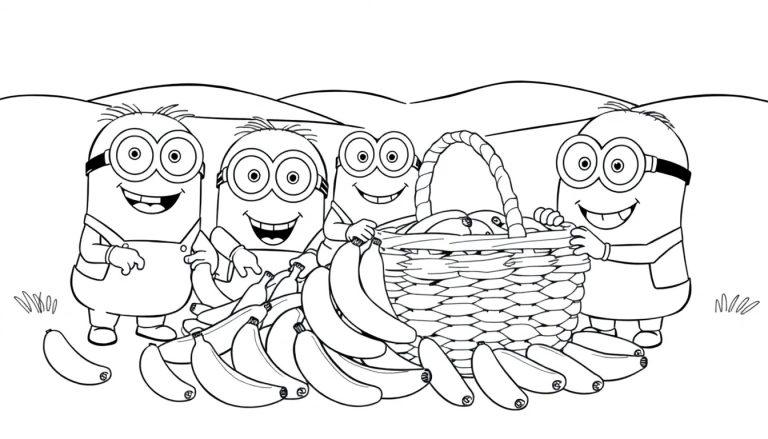 Eine Schwarz-Weiß-Farbtafel mit vier fröhlichen Minions, die beim Picknick Bananen und Früchte genießen. Ein lustiger Ausmalspaß für Kinder!