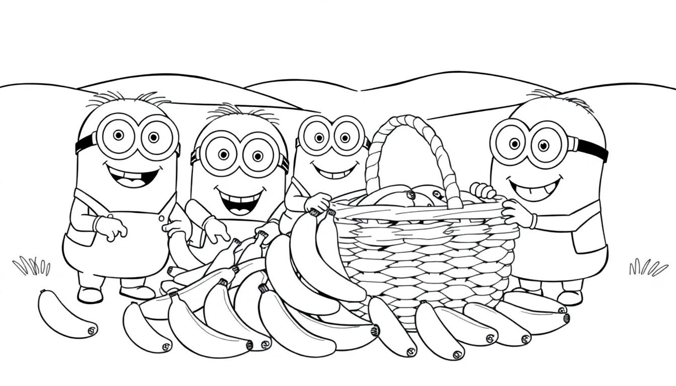 Eine Schwarz-Weiß-Farbtafel mit vier fröhlichen Minions, die beim Picknick Bananen und Früchte genießen. Ein lustiger Ausmalspaß für Kinder!