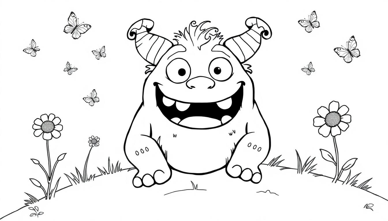 Ein süßes Monster zum Ausmalen mit Hörnern und einem Lächeln auf einem Hügel mit Schmetterlingen und Gänseblümchen, eine Schwarz-Weiß-Farbtafel-Zeichnung für Kinder.