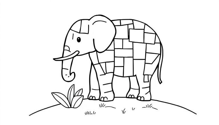 Ein niedlicher Mosaik-Elefant auf einer Hügelkuppe, bereit zum Ausmalen, Schwarz-Weiß-Farbtafel.