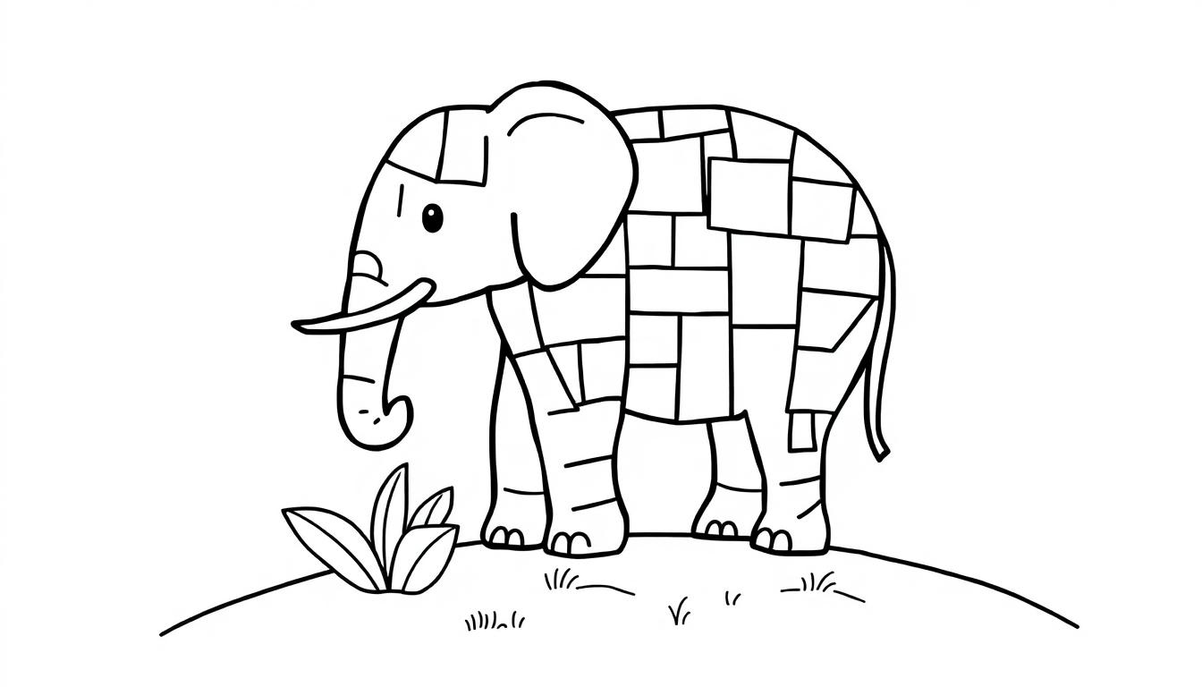 Ein niedlicher Mosaik-Elefant auf einer Hügelkuppe, bereit zum Ausmalen, Schwarz-Weiß-Farbtafel.