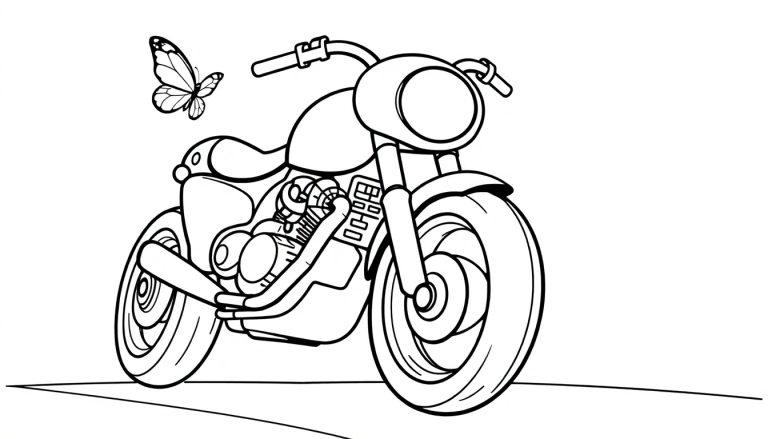 Eine schwarz-weisse Cartoon-Farbtafel mit einem Motorrad und einem Schmetterling.