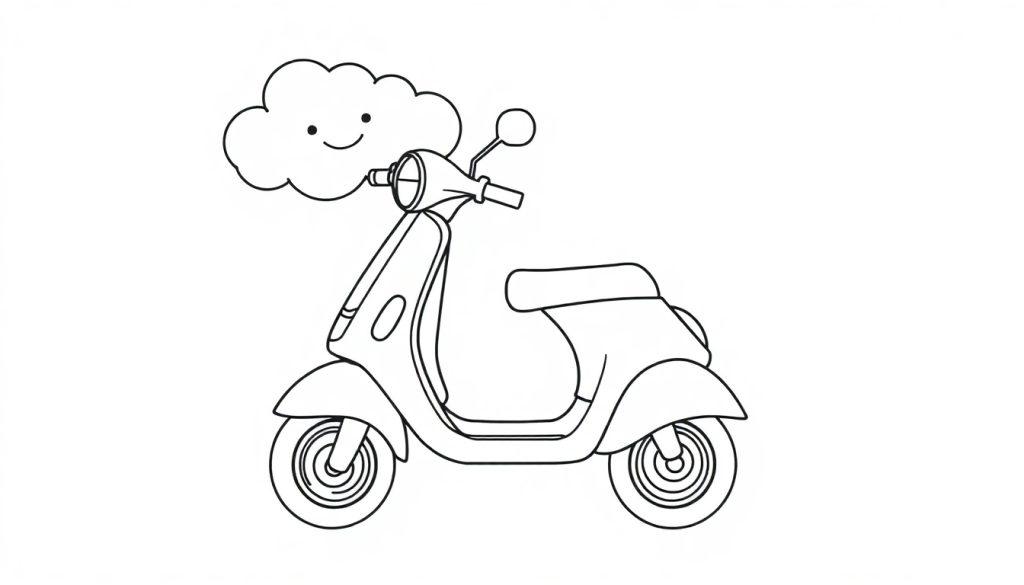 Eine Schwarz-Weiß-Farbtafel mit einem Cartoon-Motorroller und einer lächelnden Wolke.