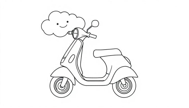 Eine Schwarz-Weiß-Farbtafel mit einem Cartoon-Motorroller und einer lächelnden Wolke.