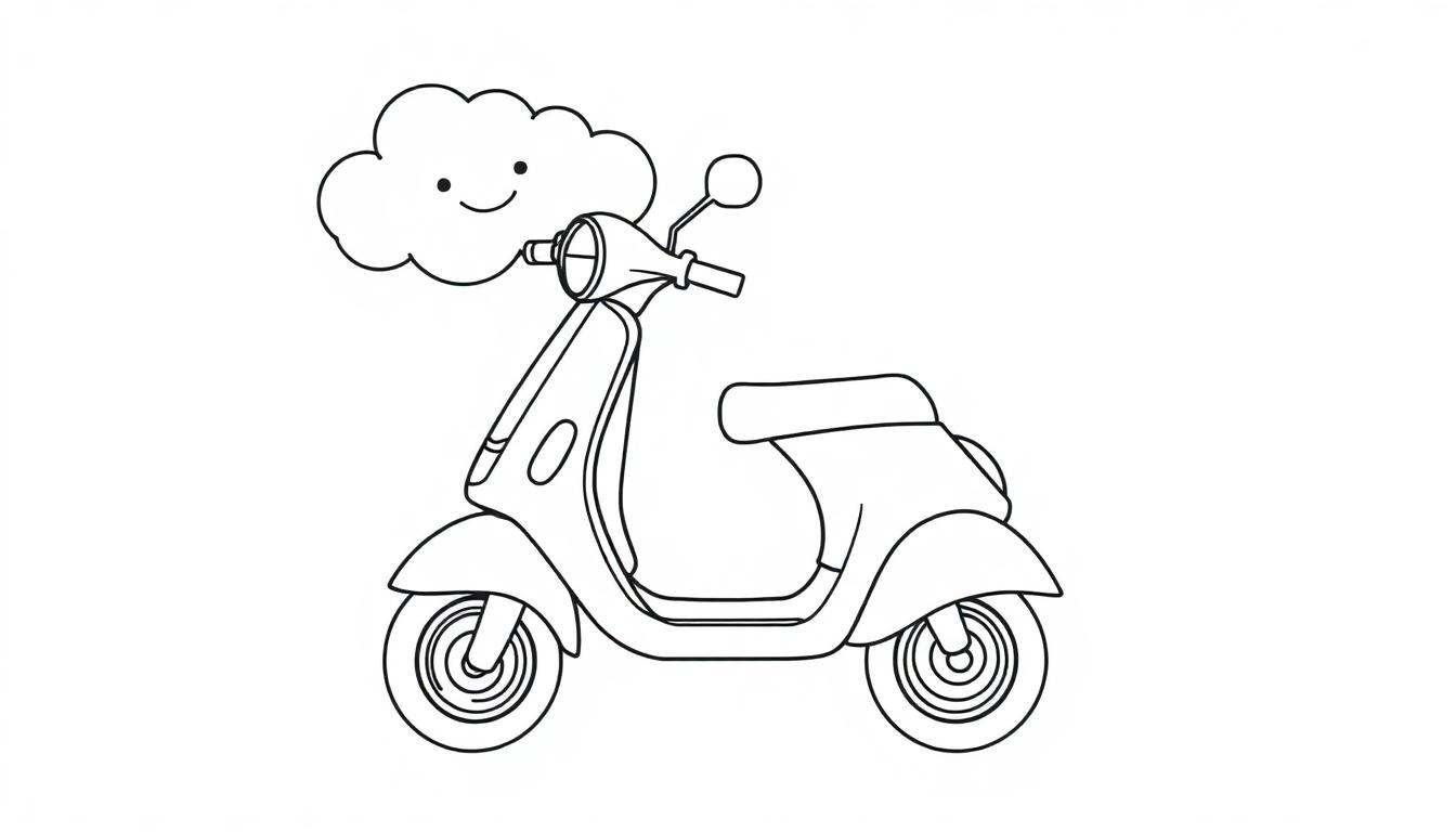 Eine Schwarz-Weiß-Farbtafel mit einem Cartoon-Motorroller und einer lächelnden Wolke.