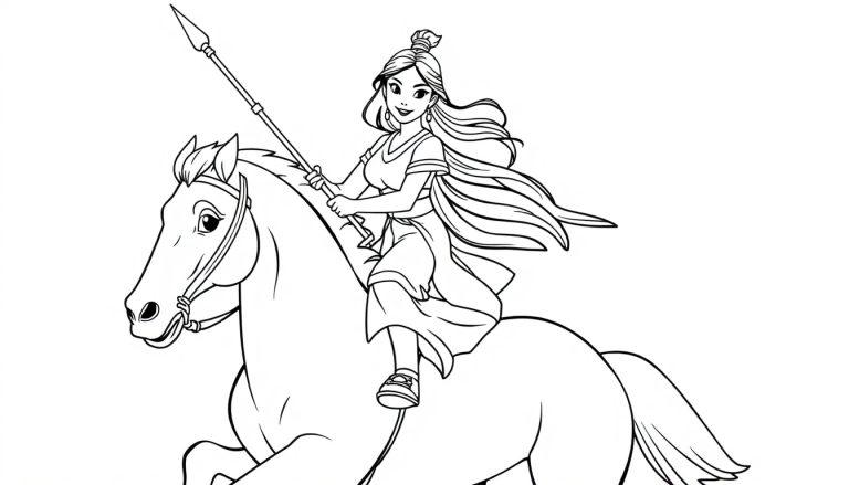 Mulan auf einem Pferd im Cartoon-Stil, bereit zum Kampf, als Farbtafel.