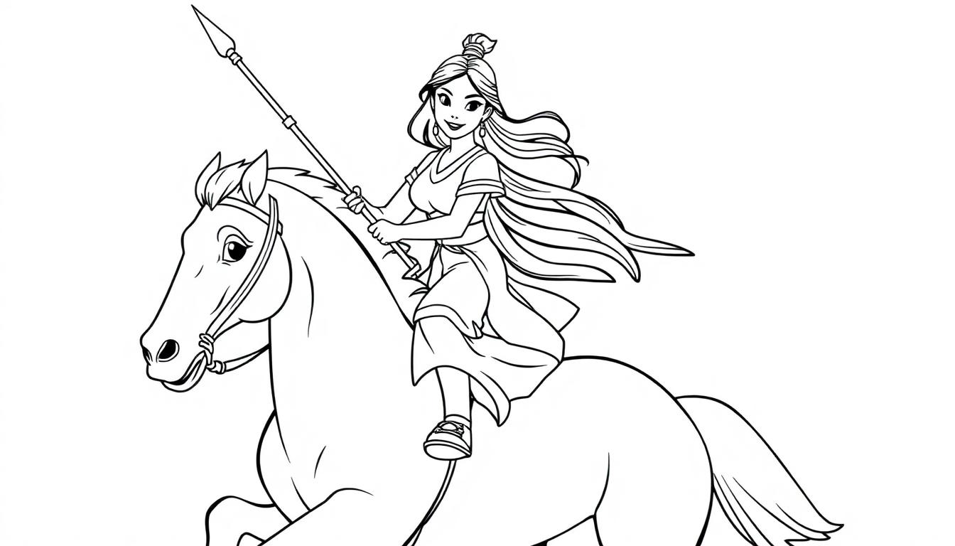 Mulan auf einem Pferd im Cartoon-Stil, bereit zum Kampf, als Farbtafel.