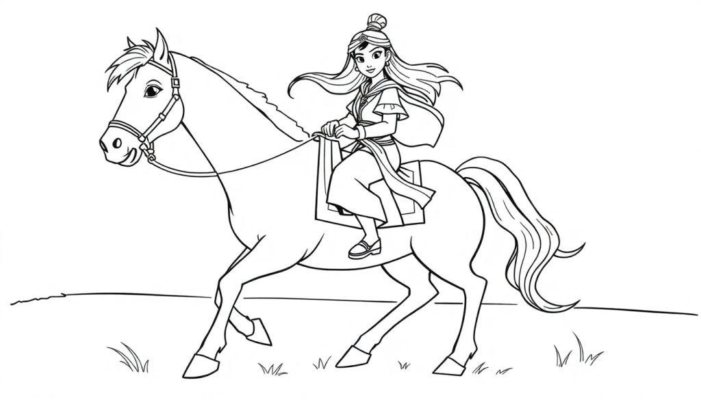 Eine Farbtafel einer tapferen Kriegerin, Mulan, die auf einem Pferd reitet, bereit zum Ausmalen.