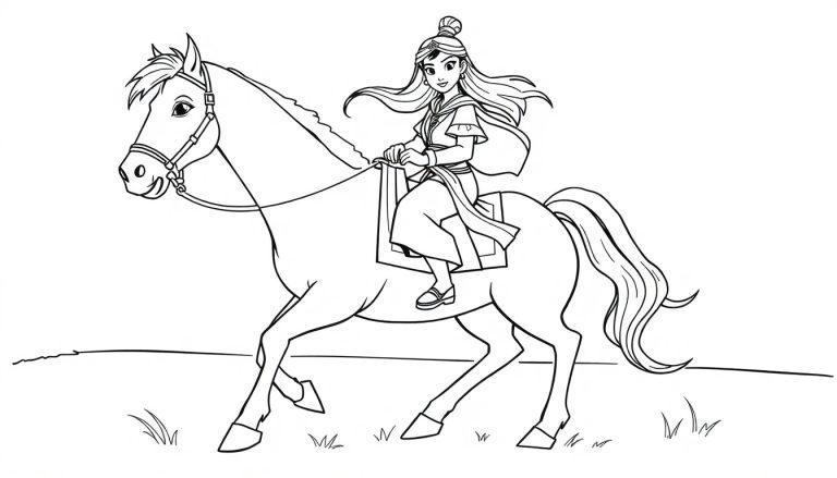 Eine Farbtafel einer tapferen Kriegerin, Mulan, die auf einem Pferd reitet, bereit zum Ausmalen.