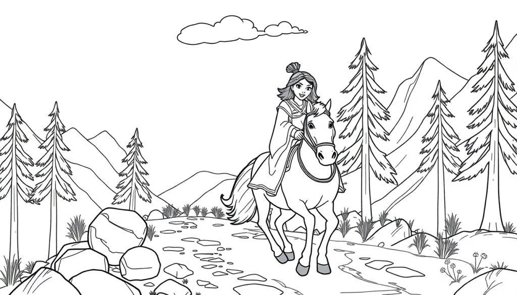 Mulan reitet auf ihrem Pferd Khan durch eine Berglandschaft – eine Schwarz-weiße Farbtafel.