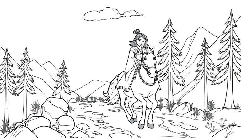 Mulan reitet auf ihrem Pferd Khan durch eine Berglandschaft – eine Schwarz-weiße Farbtafel.