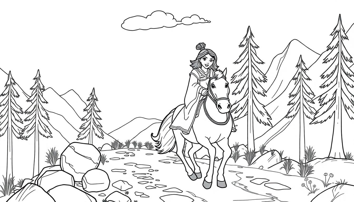 Mulan reitet auf ihrem Pferd Khan durch eine Berglandschaft – eine Schwarz-weiße Farbtafel.