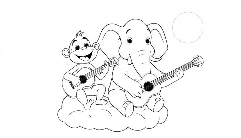 Ein Affe und ein Elefant spielen Gitarre auf einer Wolke unter einem Mond.
