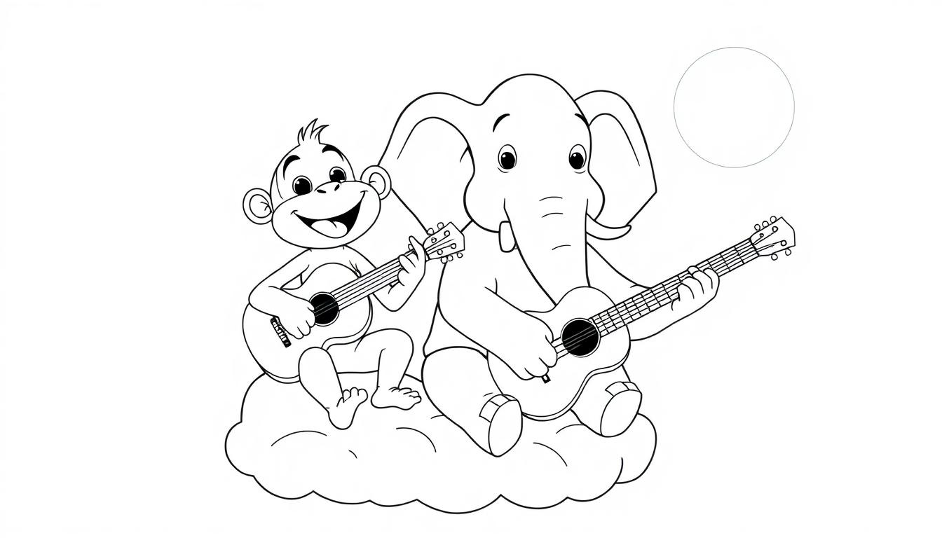 Ein Affe und ein Elefant spielen Gitarre auf einer Wolke unter einem Mond.