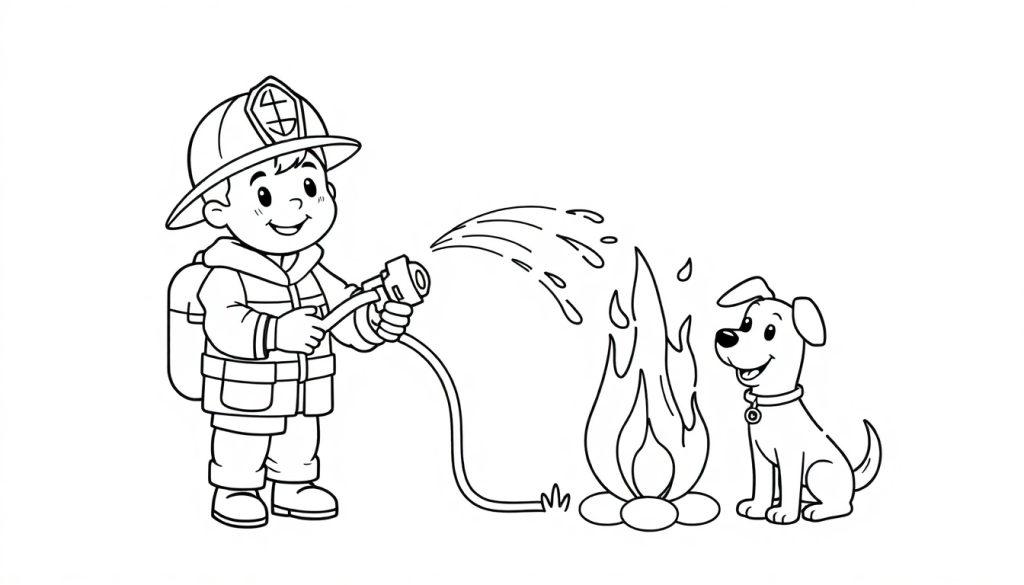 Schwarz-Weiß-Farbtafel eines Feuerwehrmanns und Hundes, der ein kleines Feuer löscht.