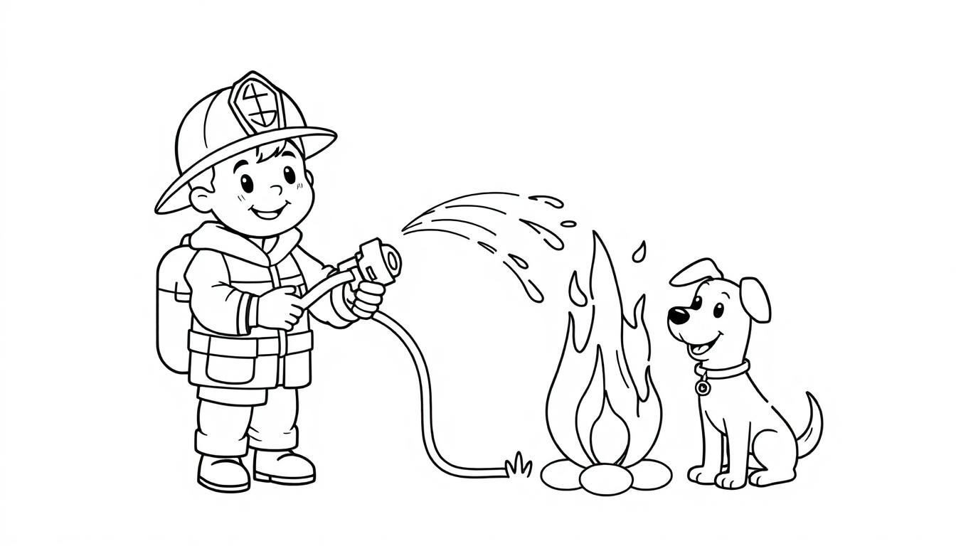 Schwarz-Weiß-Farbtafel eines Feuerwehrmanns und Hundes, der ein kleines Feuer löscht.