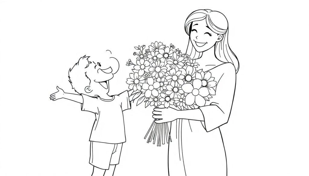 Schwarz-Weiß-Farbtafel: Ein kleiner Junge schenkt seiner Mutter einen Blumenstrauß.
