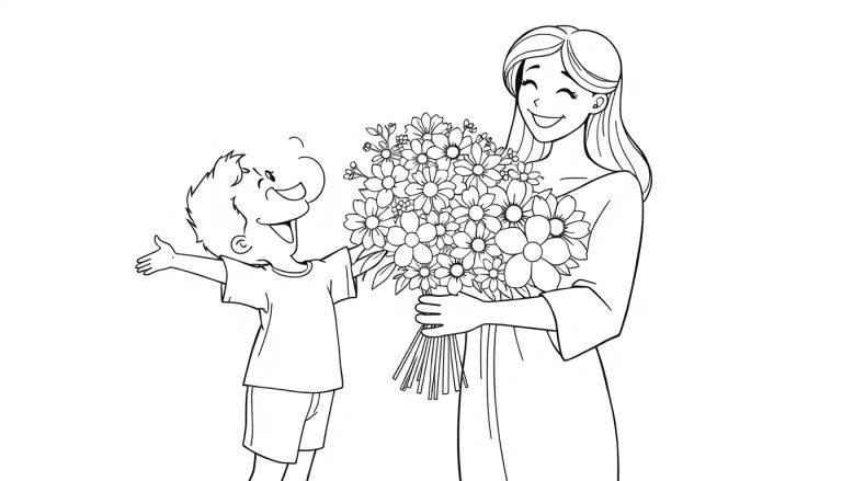 Schwarz-Weiß-Farbtafel: Ein kleiner Junge schenkt seiner Mutter einen Blumenstrauß.