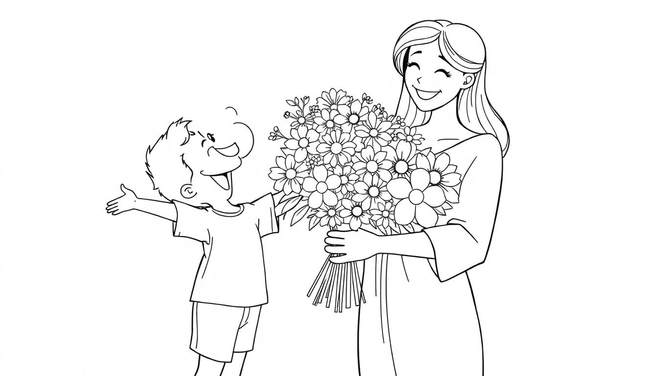 Schwarz-Weiß-Farbtafel: Ein kleiner Junge schenkt seiner Mutter einen Blumenstrauß.