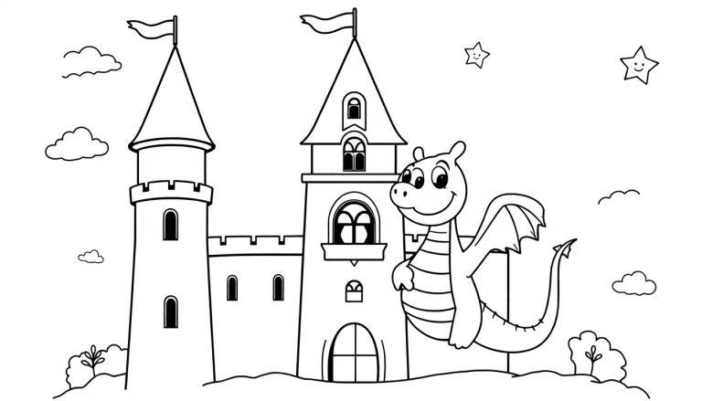 Schwarz-weiße Farbtafel: Ein freundlicher Drache steht vor einem märchenhaften Schloss.