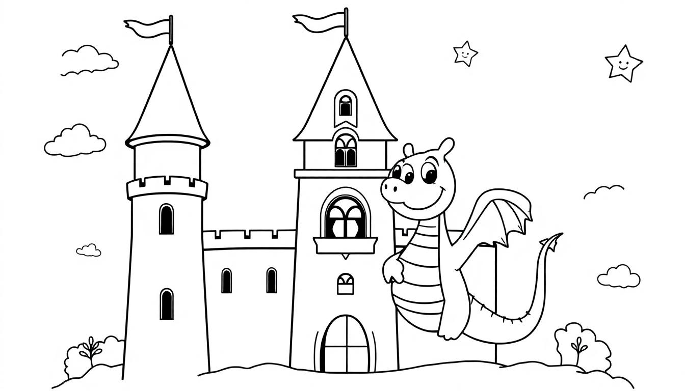 Schwarz-weiße Farbtafel: Ein freundlicher Drache steht vor einem märchenhaften Schloss.