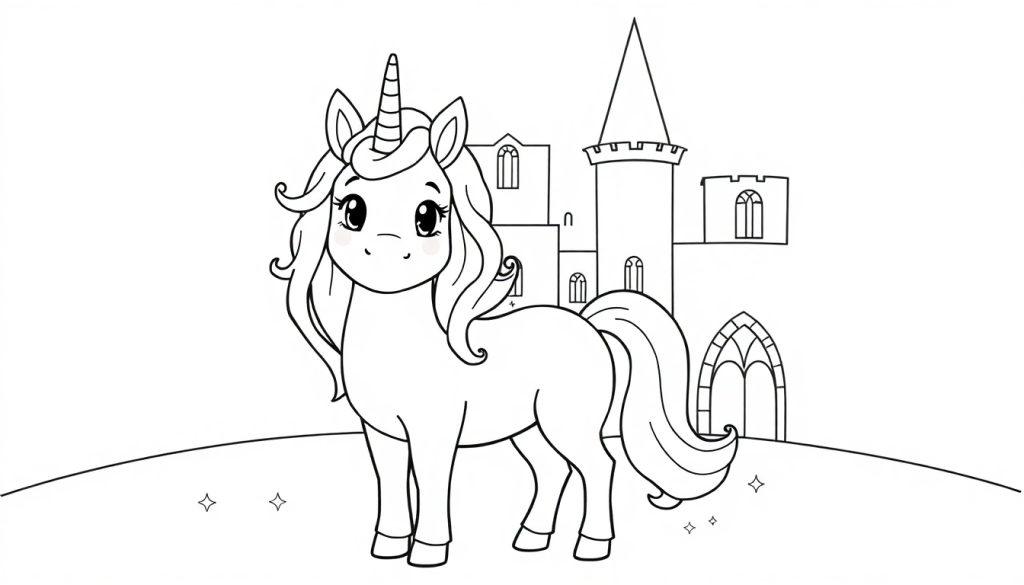 Eine schwarz-weiße Farbtafel eines freundlichen Cartoon-Einhorns vor einem Schloss.