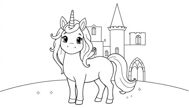Eine schwarz-weiße Farbtafel eines freundlichen Cartoon-Einhorns vor einem Schloss.