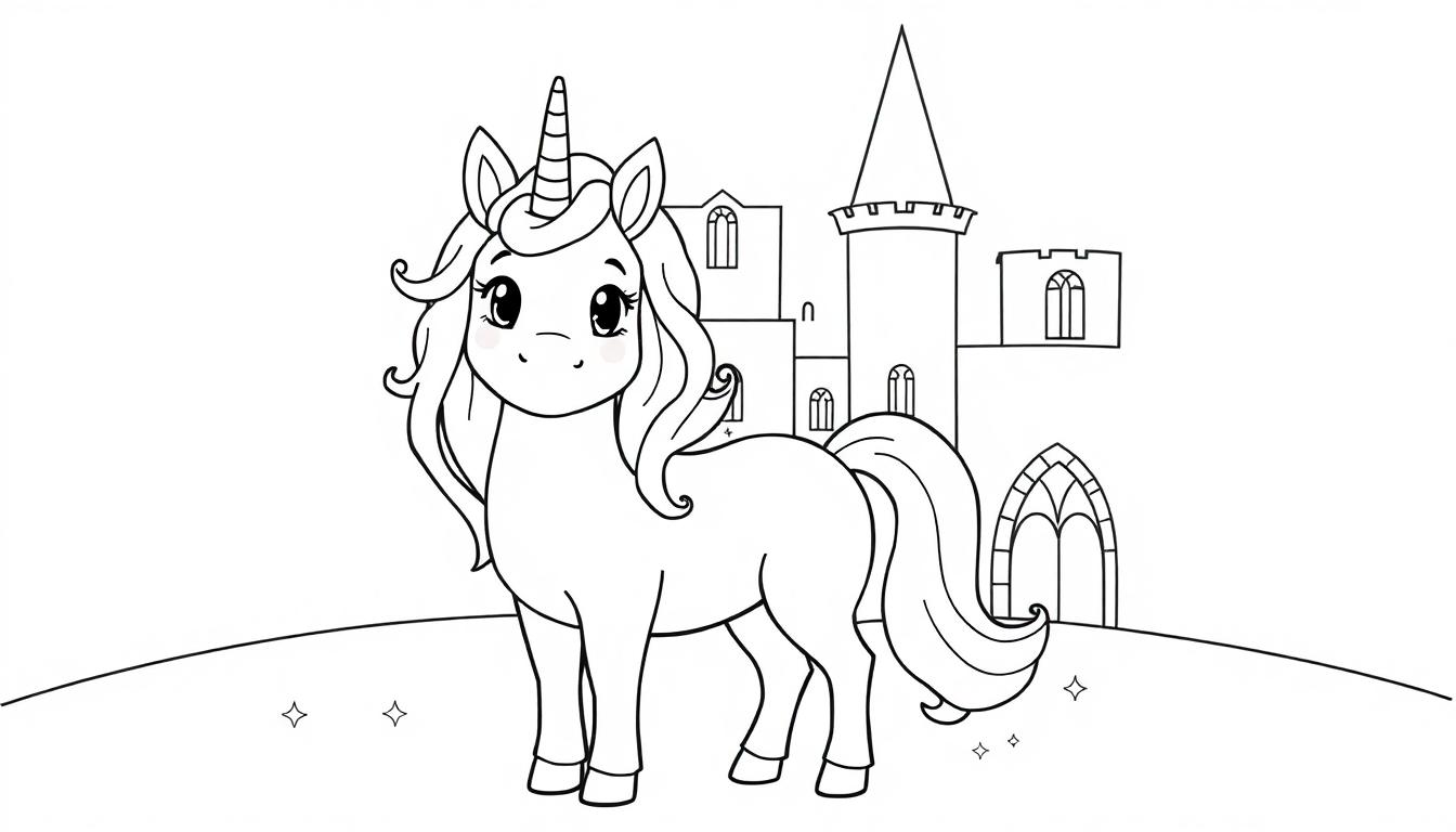Eine schwarz-weiße Farbtafel eines freundlichen Cartoon-Einhorns vor einem Schloss.