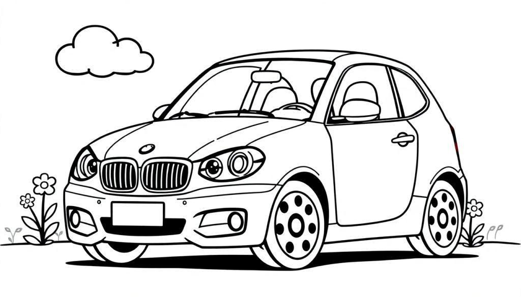 Eine einfache schwarz-weiße Farbtafel eines niedlichen Autos mit klaren Linien, neben einer Blume und unter einer Wolke.