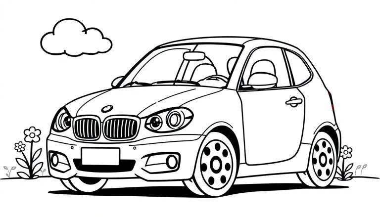 Eine einfache schwarz-weiße Farbtafel eines niedlichen Autos mit klaren Linien, neben einer Blume und unter einer Wolke.