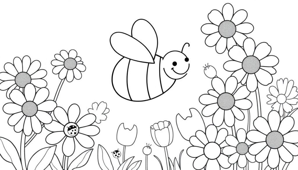 Eine fröhliche Farbtafel: Eine Cartoon-Biene fliegt über Gänseblümchen und Tulpen.