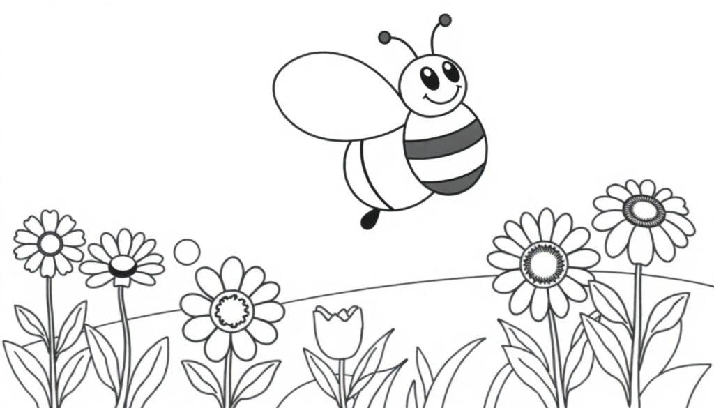 Eine fröhliche Biene fliegt über einer Blumenwiese, eine Schwarz-Weiß-Farbtafel für Kinder.