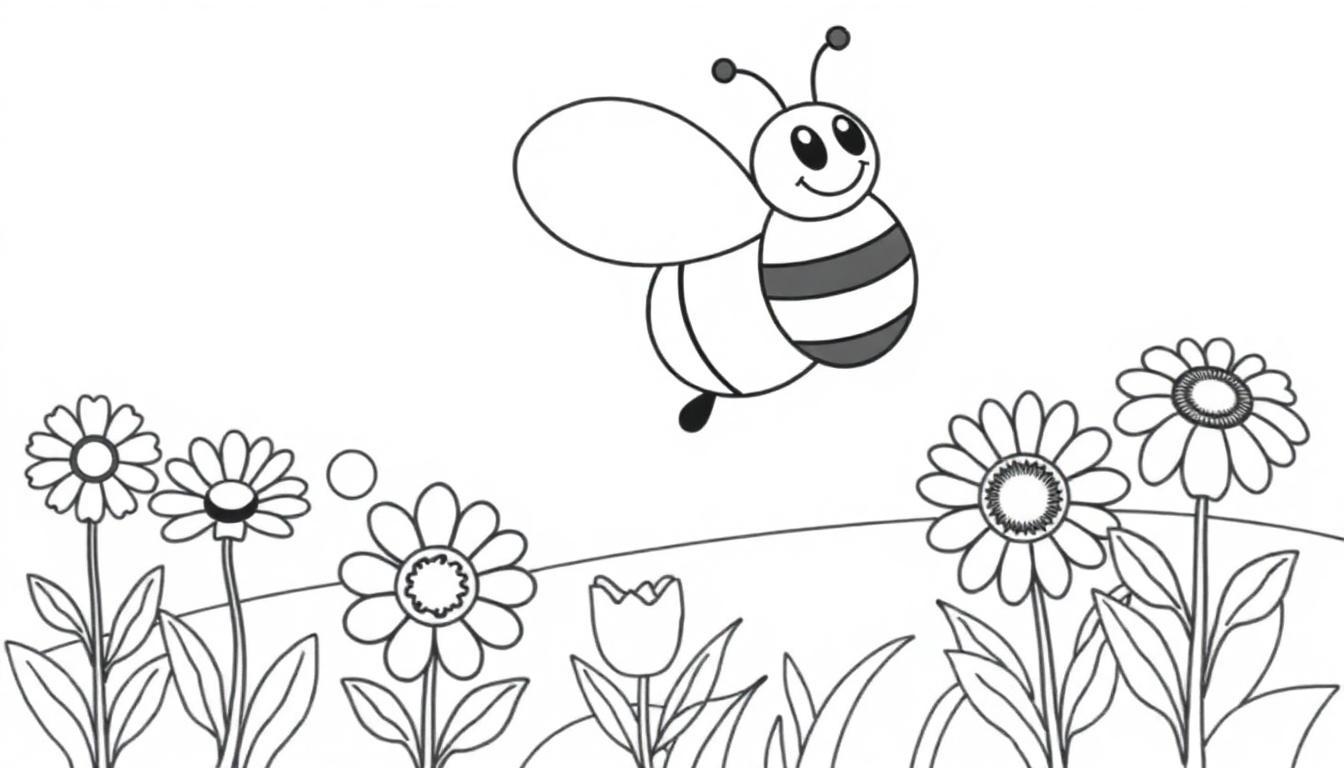 Eine fröhliche Biene fliegt über einer Blumenwiese, eine Schwarz-Weiß-Farbtafel für Kinder.