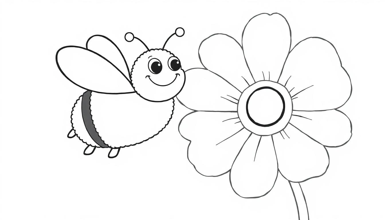 Eine niedliche schwarz-weiße Farbtafel einer Biene, die auf einer Blume zufliegt.
