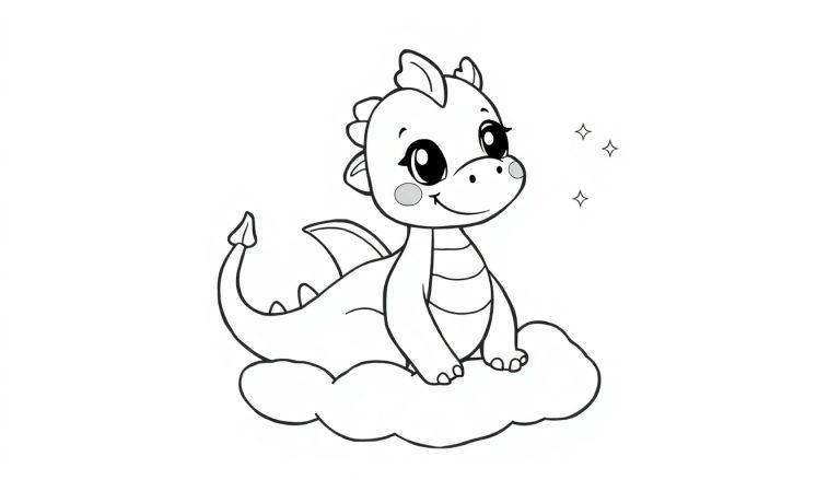 Eine niedliche, cartoonartige Drachen-Farbtafel, die auf einer Wolke sitzt.