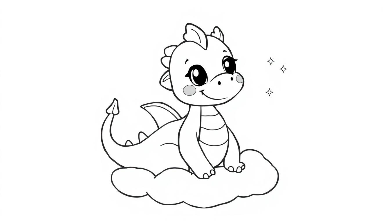 Eine niedliche, cartoonartige Drachen-Farbtafel, die auf einer Wolke sitzt.