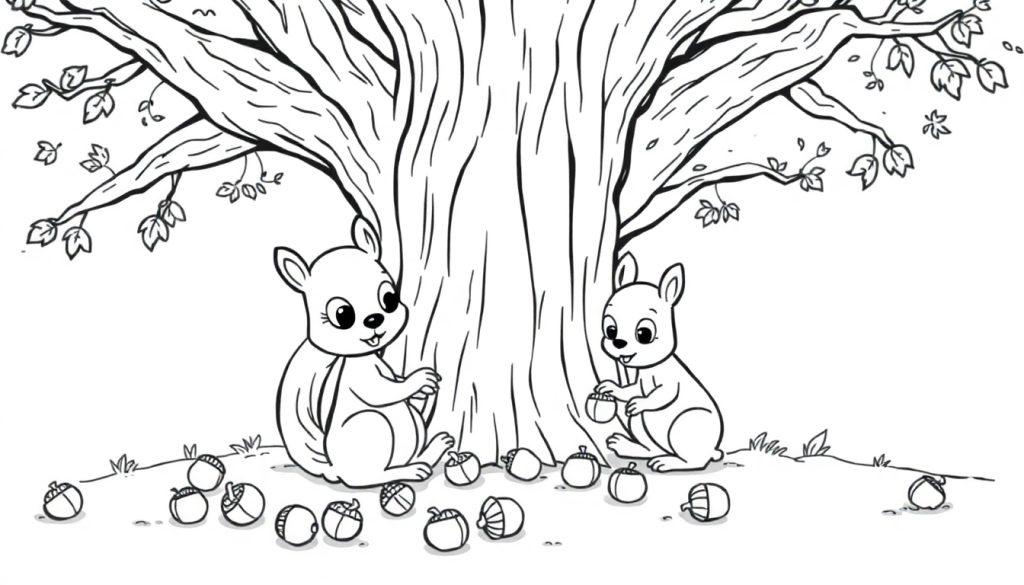Schwarz-Weiß-Farbtafel von zwei Eichhörnchen, die Eicheln unter einem Baum sammeln.
