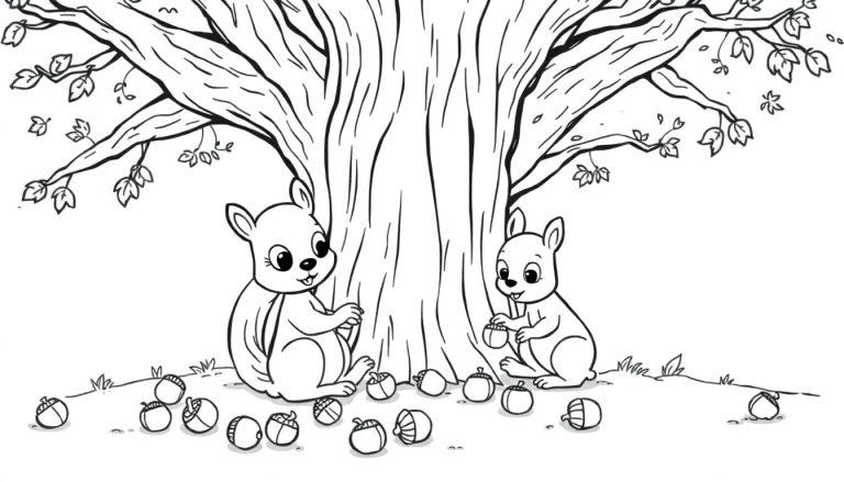 Schwarz-Weiß-Farbtafel von zwei Eichhörnchen, die Eicheln unter einem Baum sammeln.